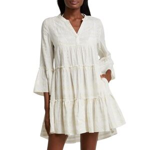 Elan Ivory Gold Metallic Thread Cover Up Dress XS Boho Beach Tiered Mini NWT